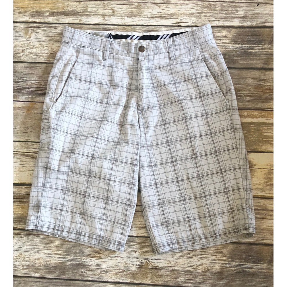 Volcom Mens White and Gray Striped Shorts Size 30 Flat Front Skateboard Y2K